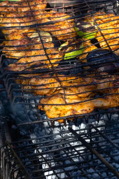 自制美味烤鸡肉烤肉 配以蔬菜 洋葱和胡椒粉 用火和烟熏烤烤鸡肉 有选择的重点 夏天的食物烤肉派对在大自然里吃午饭 — 图库照片