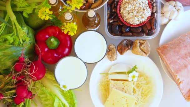 Збалансоване Харчування Здорова Їжа Багата Антиоксидантами Вітамін Мінерали Концепція Чистого — стокове відео