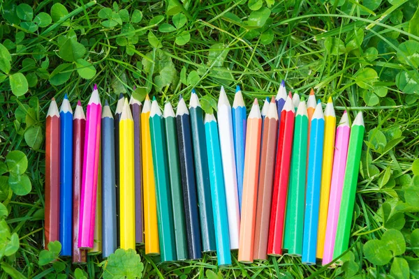 Renkli kalemler çimenlerin üzerinde — Stok fotoğraf