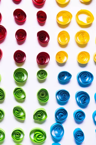 Quilling art. Color paper curls on the white background