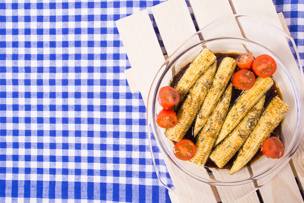 Baby corn with soy marinade of soy sauce, rosemary, olive oil and garlic