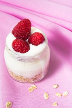 Yulaf ezmesi yoğurt ve ahududu pembe malzeme üzerinde