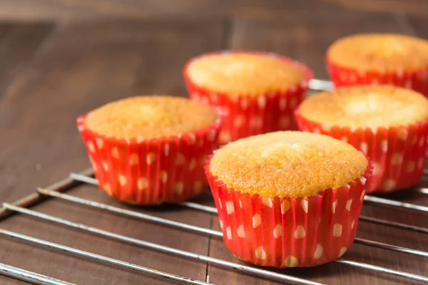 Cupcakes klaar voor decoratie op rood papier — Stockfoto
