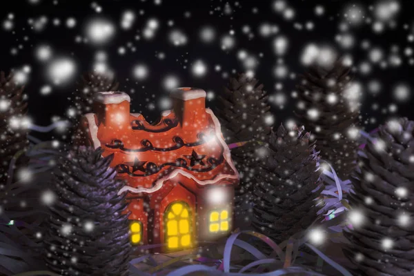 Χριστουγεννιάτικη κάρτα της νύχτας δάση με οικία, φως παράθυρο και χιόνι — Φωτογραφία Αρχείου
