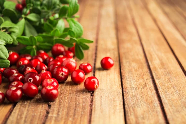 Φθινόπωρο φρέσκα μούρα cranberries πάνω από καφετί ξύλινο τραπέζι με φύλλα — Φωτογραφία Αρχείου