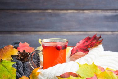 Gri ahşap backgro ile sonbahar konsepti ile kızılcık sıcak içecek