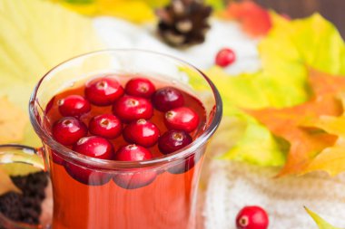 Sonbahar yaprakları ve sıcak ile kırmızı kızılcık içecek fincan giydirin