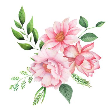 Çiçek ve yaprak suluboya büyüleyici kombinasyonu el boyalı