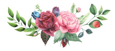 Çiçek ve yaprak suluboya büyüleyici kombinasyonu el boyalı