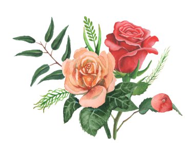 Çiçek ve yaprak suluboya büyüleyici kombinasyonu el boyalı