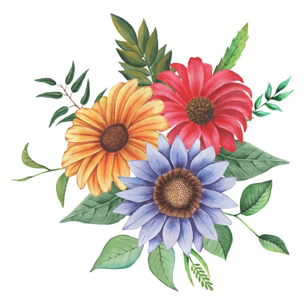Aquarela pintada à mão charmosa combinação de flores e folhas — Fotografia de Stock