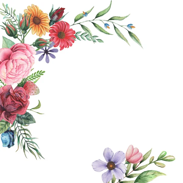 Projekt zaproszenia akwarela z bukietem kwiatów. Ręcznie malowane na białym tle kompozycje kwiatowe — Zdjęcie stockowe