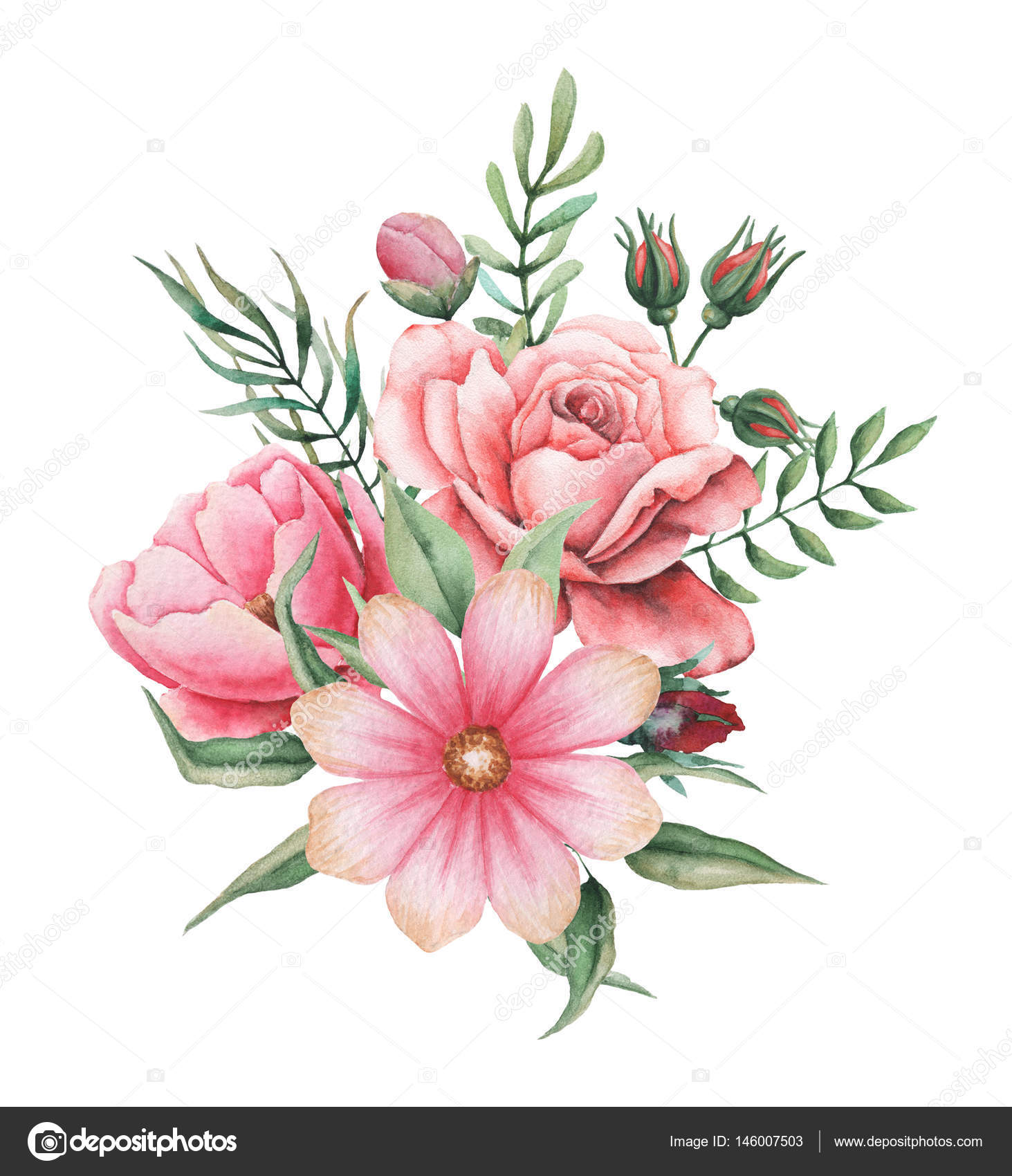 Disegno Mazzo Di Fiori.Watercolor Invitation Design With Bouquet Of Flowers Hand Painted