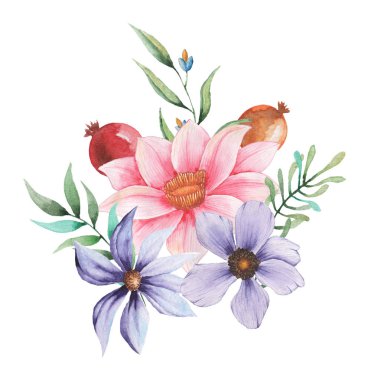 Suluboya davetiye tasarım buket çiçek, çiçek kompozisyonlar beyaz arka plan üzerinde izole el boyalı