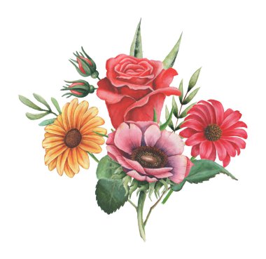 Suluboya davet buket çiçek çiçek kompozisyonlar beyaz arka plan üzerinde izole boyalı el ile tasarım