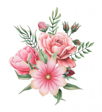 Suluboya davetiye tasarım buket çiçek, çiçek kompozisyonlar beyaz arka plan üzerinde izole el boyalı