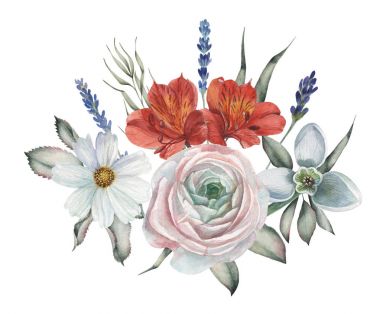 Suluboya davet buket çiçek çiçek kompozisyonlar beyaz arka plan üzerinde izole boyalı el ile tasarım