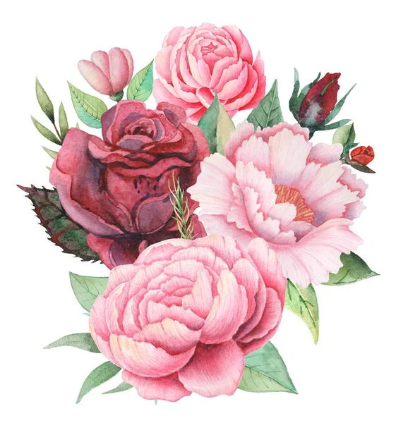 Suluboya davetiye tasarım buket çiçek, çiçek kompozisyonlar beyaz arka plan üzerinde izole el boyalı