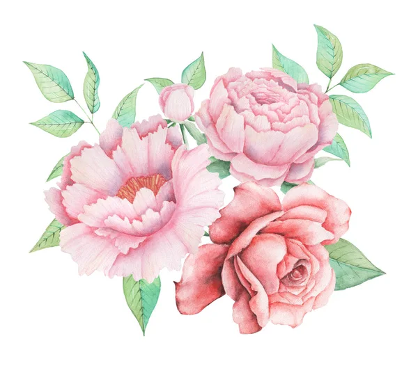 Design de convite aquarela com buquê de flores Composições florais pintadas à mão isoladas em fundo branco — Fotografia de Stock