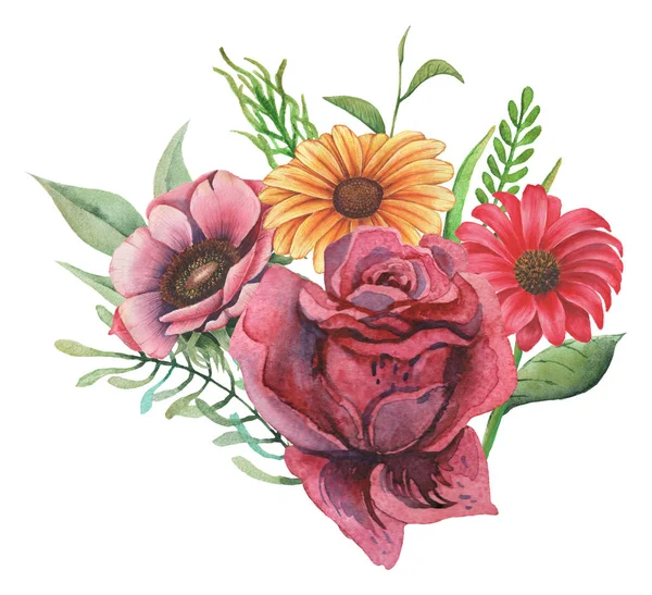 Design de convite aquarela com buquê de flores Composições florais pintadas à mão isoladas em fundo branco — Fotografia de Stock