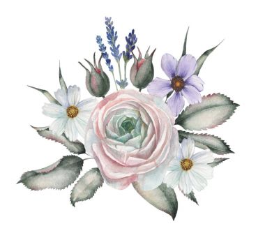 Suluboya davetiye tasarım buket çiçek, çiçek kompozisyonlar beyaz arka plan üzerinde izole el boyalı