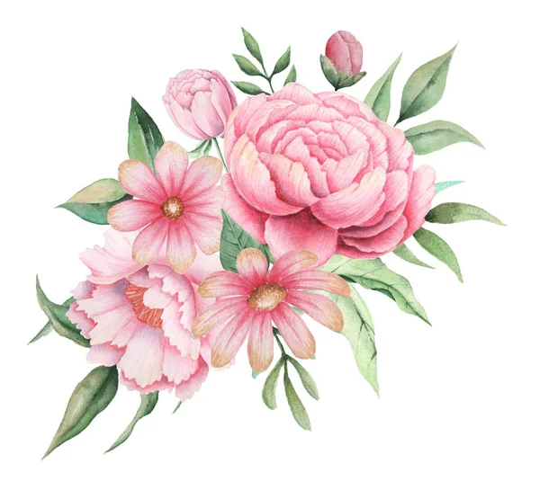 Design de convite aquarela com buquê de flores, Composições florais pintadas à mão isoladas em fundo branco — Fotografia de Stock