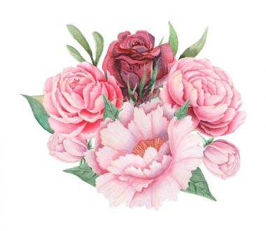 Çiçek ve yaprak beyaz arka plan üzerinde izole suluboya büyüleyici kombinasyonu el boyalı