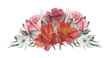 Çiçek ve yaprak beyaz arka plan üzerinde izole suluboya büyüleyici kombinasyonu el boyalı