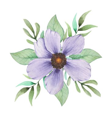 Çiçekler ve yapraklar, beyaz arka plan üzerinde izole suluboya büyüleyici kombinasyonu el boyalı