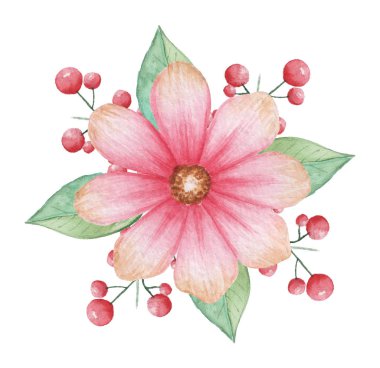 Çiçekler ve yapraklar, beyaz arka plan üzerinde izole suluboya büyüleyici kombinasyonu el boyalı