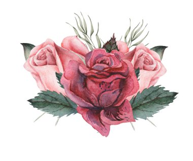 Çiçek ve yaprak beyaz arka plan üzerinde izole suluboya büyüleyici kombinasyonu el boyalı