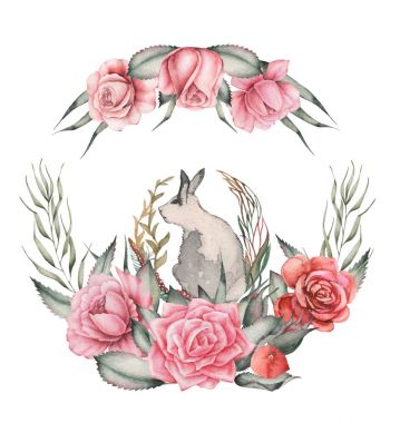 El çiçekleri ve beyaz arka plan üzerinde izole Bunny suluboya büyüleyici kombinasyonu boyalı