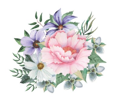 Çiçekler ve yapraklar, beyaz arka plan üzerinde izole suluboya büyüleyici kombinasyonu el boyalı