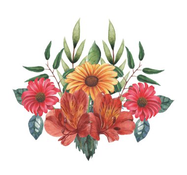 Çiçekler ve yapraklar, beyaz arka plan üzerinde izole suluboya büyüleyici kombinasyonu el boyalı