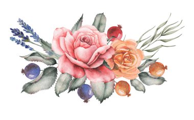 Çiçekler ve yapraklar, beyaz arka plan üzerinde izole suluboya büyüleyici kombinasyonu el boyalı