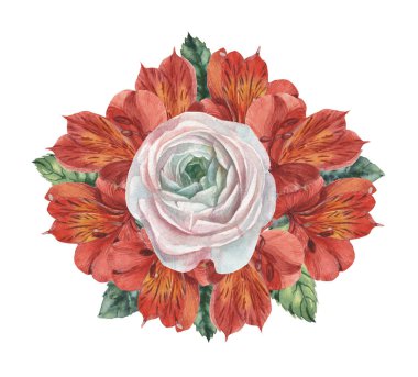 Çiçekler ve yapraklar, beyaz arka plan üzerinde izole suluboya büyüleyici kombinasyonu el boyalı