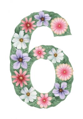 El boyalı suluboya çiçek, beyaz arka plan üzerinde izole bileşimi yapılmış numarası 6.