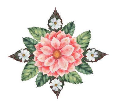 Çiçekler ve yapraklar, beyaz arka plan üzerinde izole suluboya büyüleyici kombinasyonu el boyalı