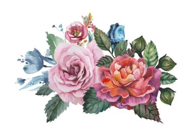 Çiçekler ve yapraklar, beyaz arka plan üzerinde izole suluboya büyüleyici kombinasyonu el boyalı