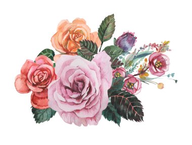 Çiçekler ve yapraklar, beyaz arka plan üzerinde izole suluboya büyüleyici kombinasyonu el boyalı