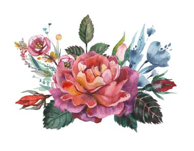 Çiçekler ve yapraklar, beyaz arka plan üzerinde izole suluboya büyüleyici kombinasyonu el boyalı