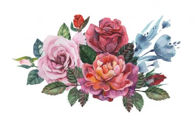 Çiçekler ve yapraklar, beyaz arka plan üzerinde izole suluboya büyüleyici kombinasyonu el boyalı