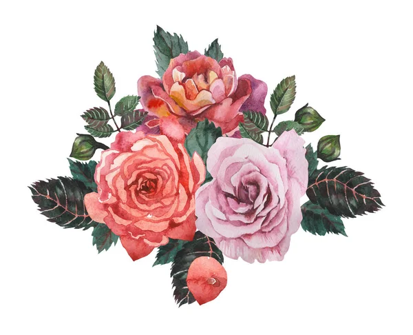 Handgeschilderde aquarel charmante combinatie van bloemen en bladeren, geïsoleerd op witte achtergrond — Stockfoto