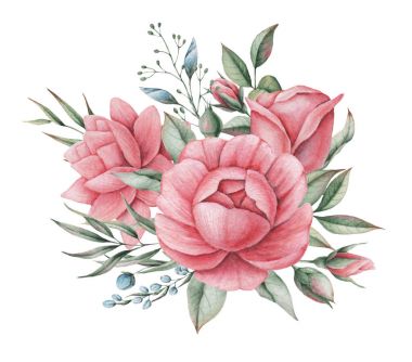 Çiçekler ve yapraklar, beyaz arka plan üzerinde izole suluboya büyüleyici kombinasyonu el boyalı