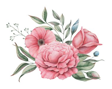 Çiçekler ve yapraklar, beyaz arka plan üzerinde izole suluboya büyüleyici kombinasyonu el boyalı