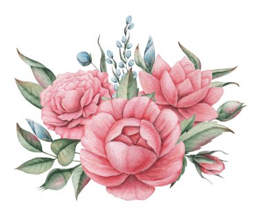 Çiçekler ve yapraklar, beyaz arka plan üzerinde izole suluboya büyüleyici kombinasyonu el boyalı