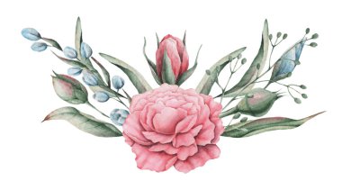 Çiçekler ve yapraklar, beyaz arka plan üzerinde izole suluboya büyüleyici kombinasyonu el boyalı