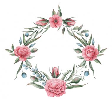 Çiçekler ve yapraklar, beyaz arka plan üzerinde izole suluboya büyüleyici kombinasyonu el boyalı