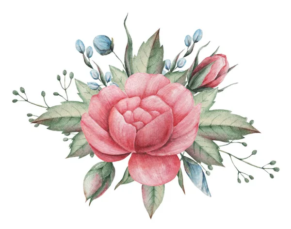 Handgeschilderde aquarel charmante combinatie van bloemen en bladeren, geïsoleerd op witte achtergrond — Stockfoto