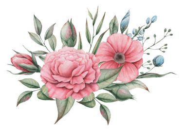 Çiçekler ve yapraklar, beyaz arka plan üzerinde izole suluboya büyüleyici kombinasyonu el boyalı